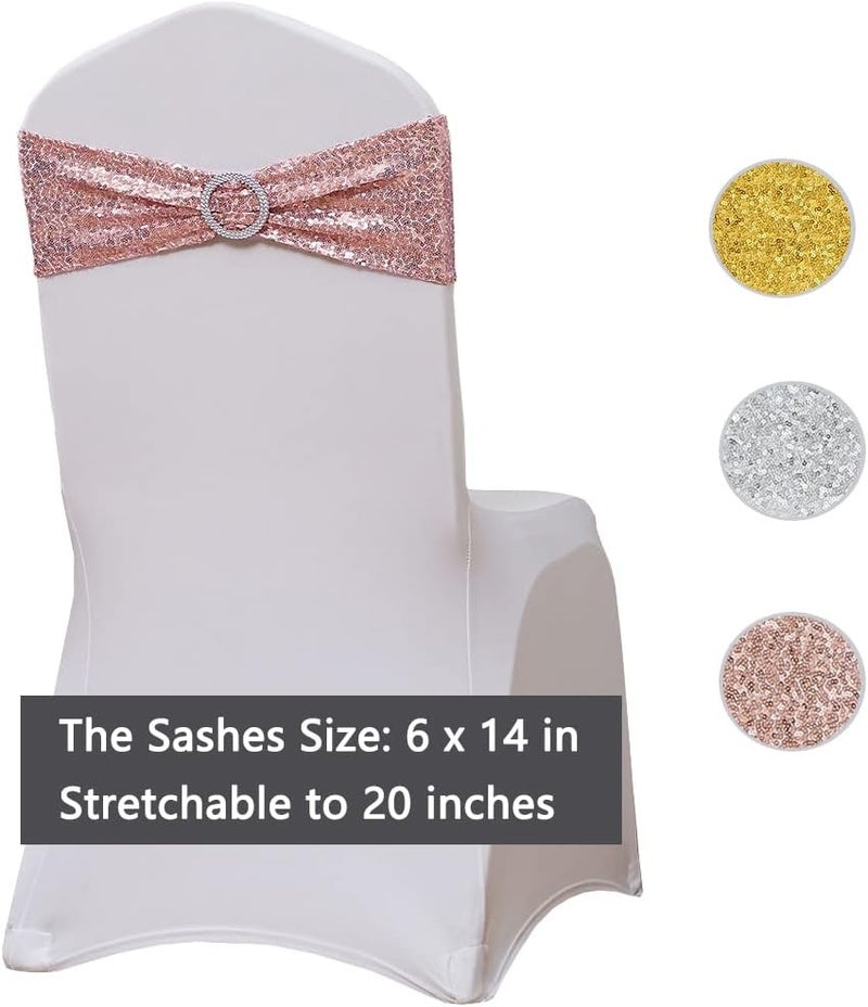 SINSSOWL Pack of 50 Spandex Sequins Rose Gold Chair Sashes for Wedding Party Rose Gold Chair Bands Bows Ties - Sequin Rose Gold Chairs Sashes - Image 5